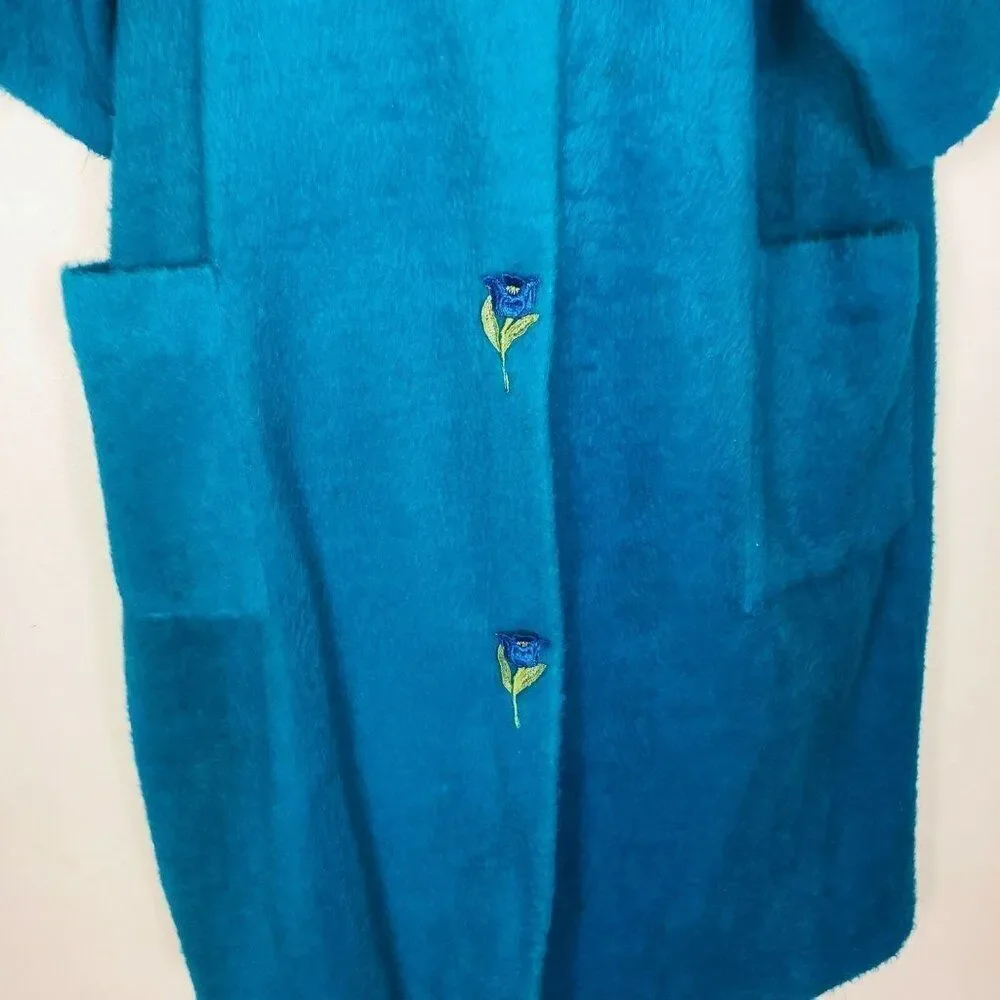 Vintage 50s 60s La Mar Frocks Robe Teal Blue Bathrobe Floral Womens L Faux Fur